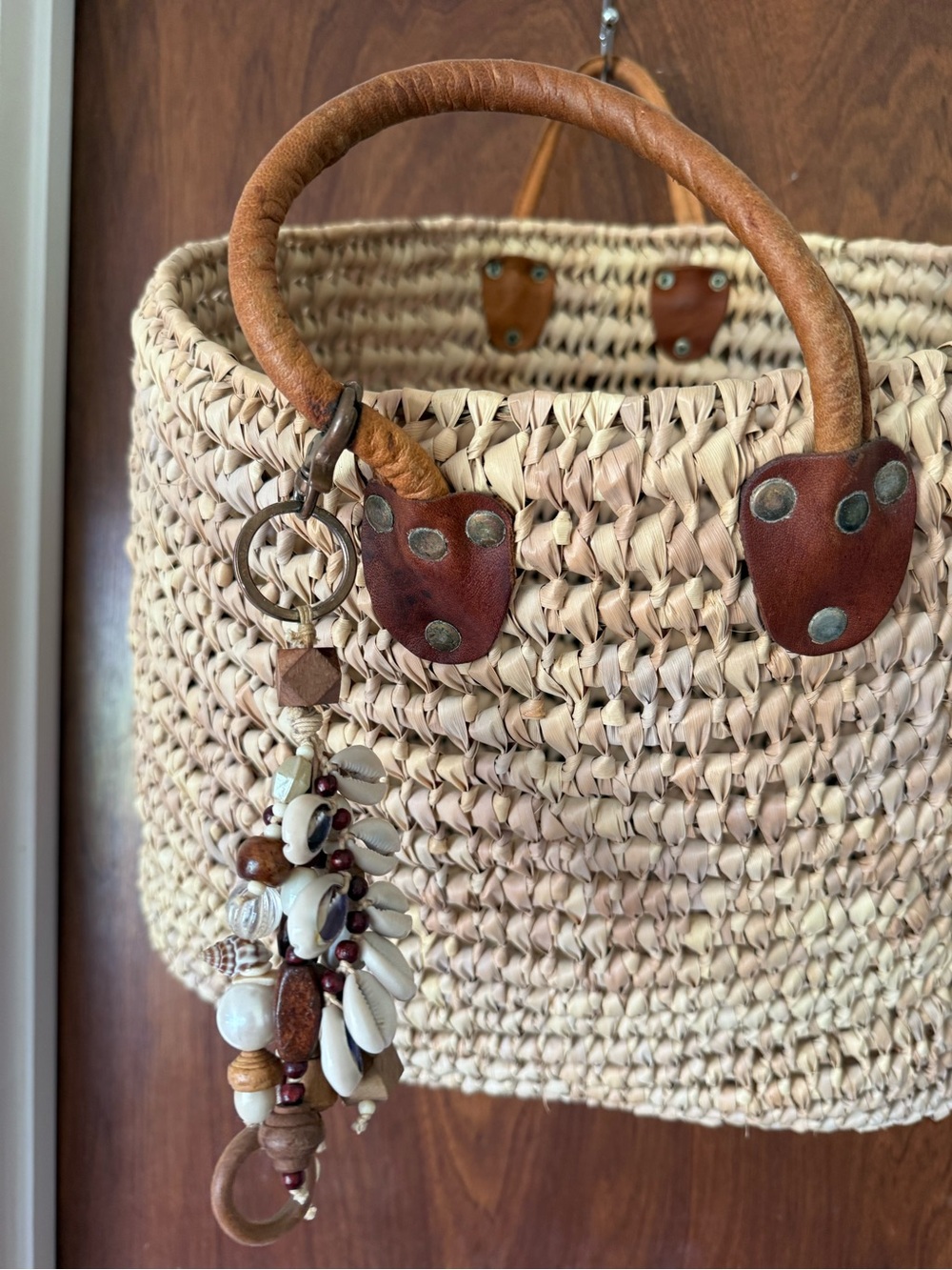 Unique Oversized Handwoven Raffia Basket Tote with Leather Handles & Shell Charm